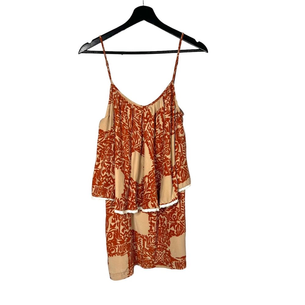 Sunner Orange Tan Print Spaghetti Strap Layered Tunic Dress XS